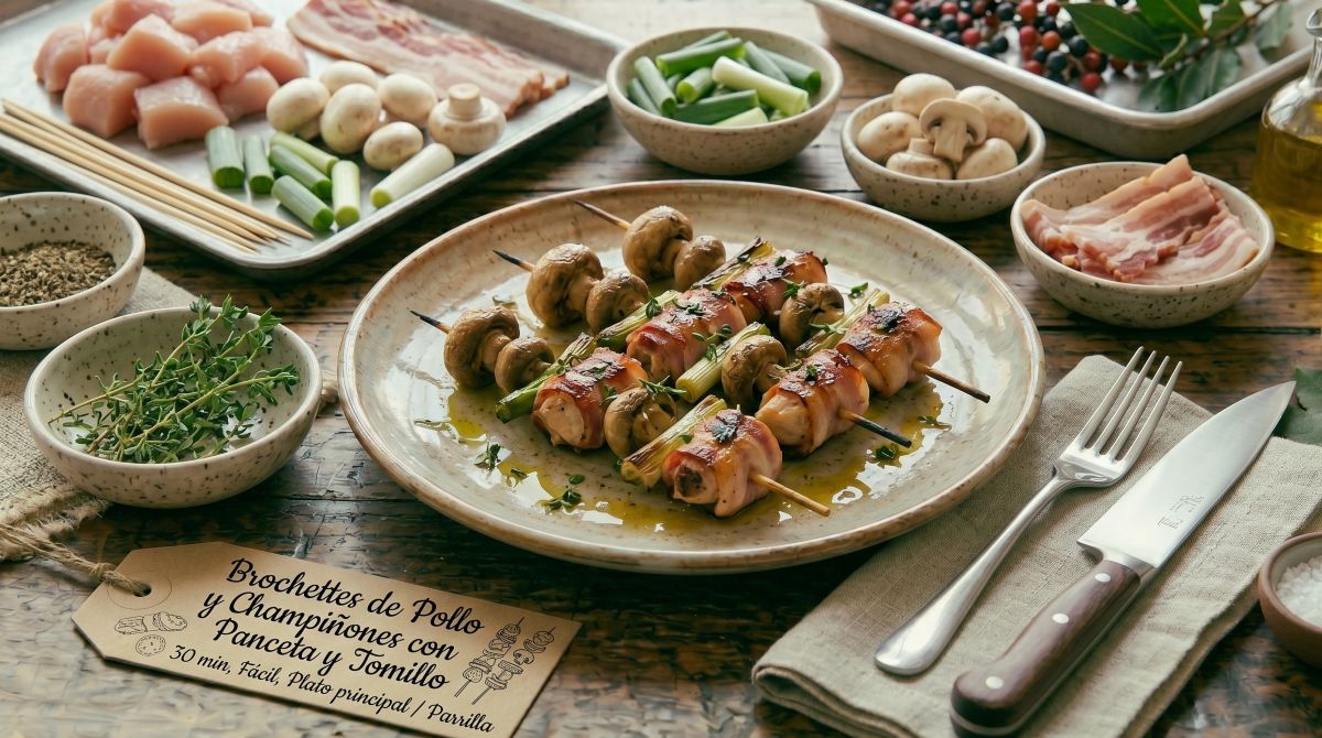 Espetinhos de Frango e Cogumelos com Bacon e Tomilho