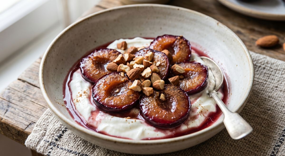 Ameixas Assadas com Iogurte Grego e Frutos Secos