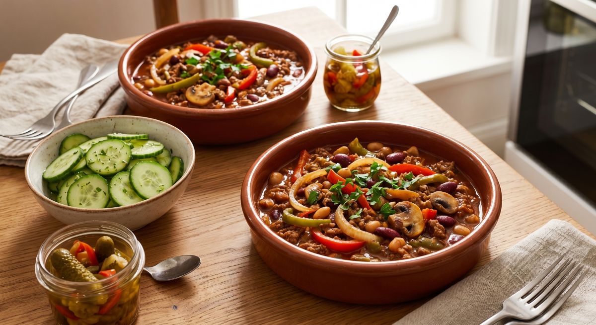 Chile com Carne Clássico com Salada Fresca de Pepino
