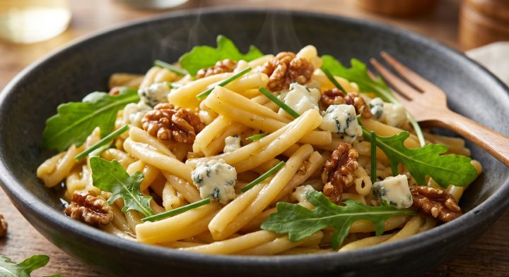 Salada Morna de Pasta Caserecce com Rúcula, Nozes e Queijo Azul