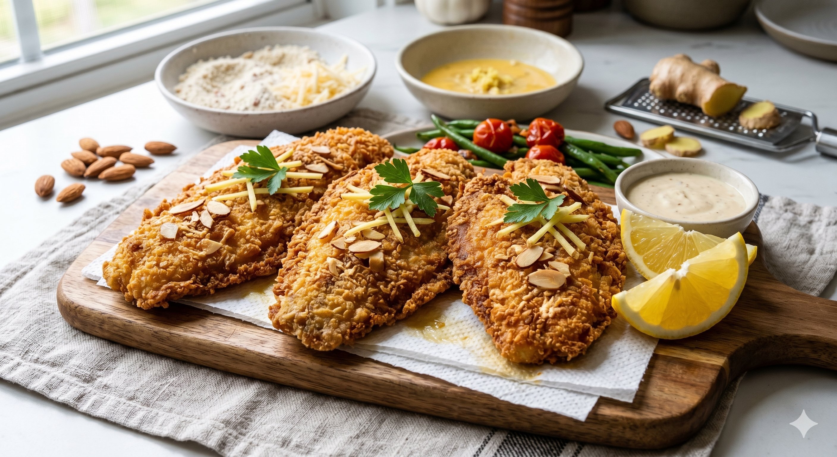 Filetes de Lenguado en Doble Costra de Almendras y Jengibre