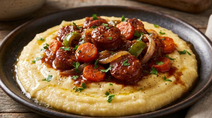 Polenta Supercremosa com Ensopado de Linguiça Grelhada