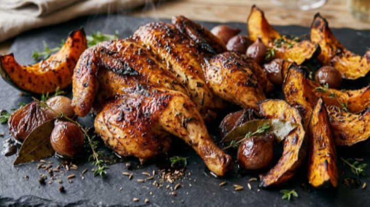 Frango Marinado com Especiarias, Abóbora e Cebolas Pequenas Caramelizadas