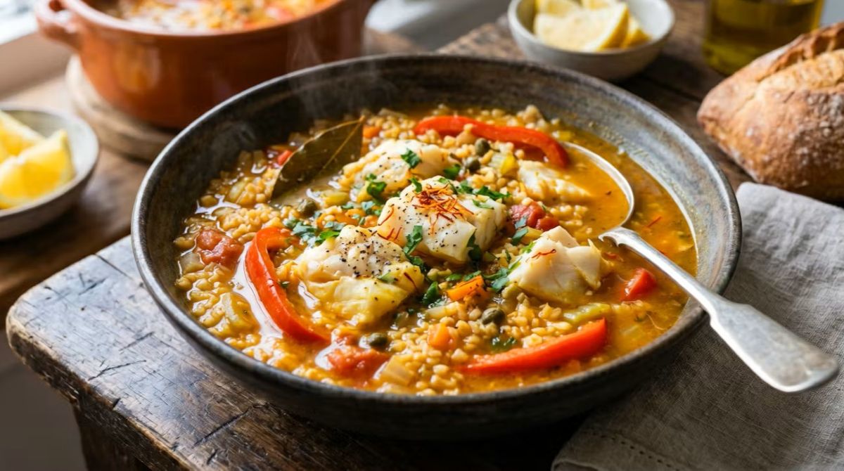 Sopa de Peixe Mediterrânea com Trigo Bulgur e Açafrão