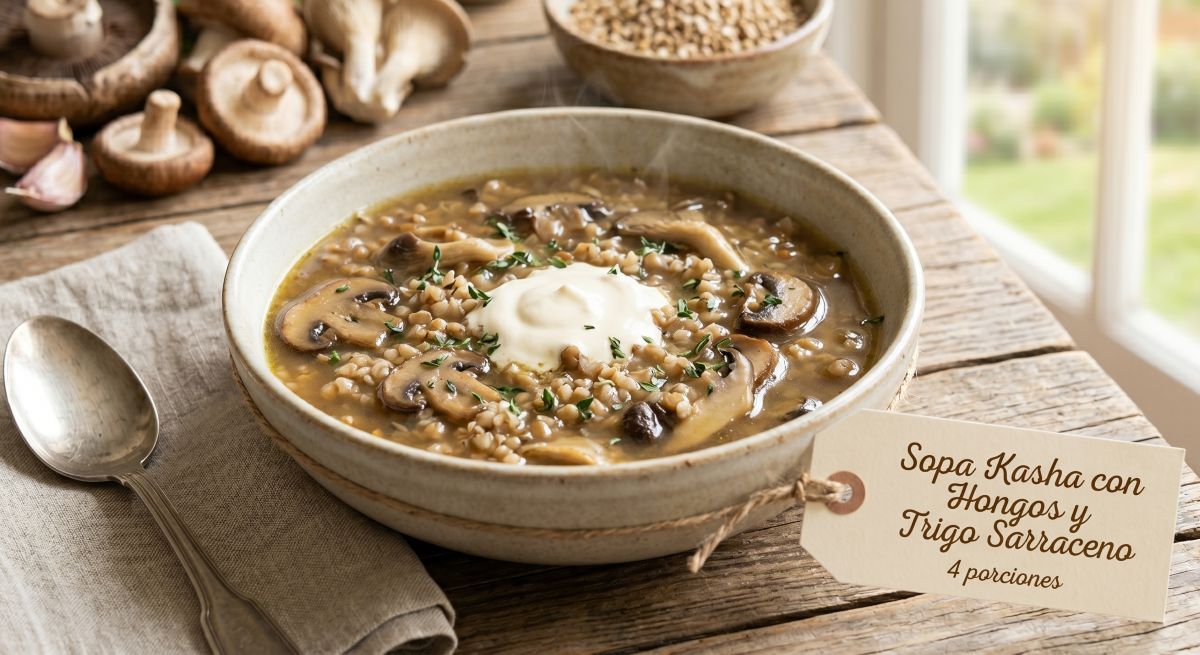 Sopa Kasha com Cogumelos e Trigo Sarraceno