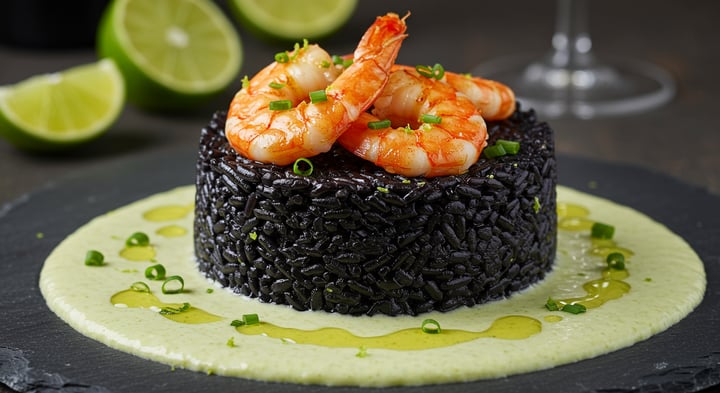Timbale de Arroz Negro com Camarões ao Alho e Creme de Lima